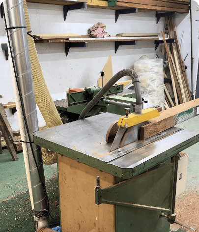 Workshop saws and bench equipment in the joinery workshop — TikTok video thumbnail with 7,874 views